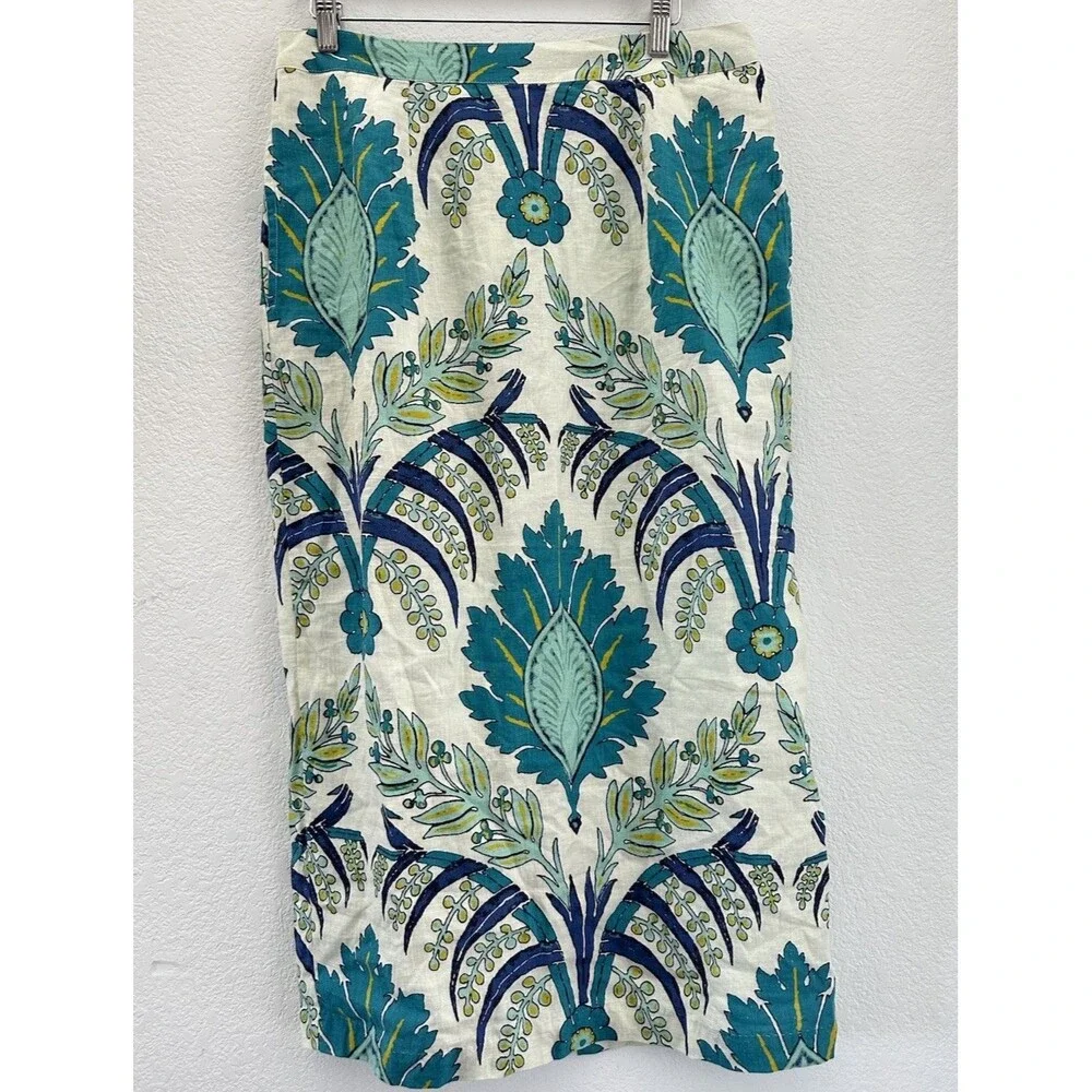 Sundance Linen Midi Skirt Graceful Verenia Teal Blue Floral Damask Boho 12 Lined